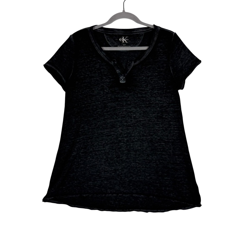 Calvin Klein Shirt Womens Small Black Burnout V Neck Short Sleeve Raw Hem Y2K‎